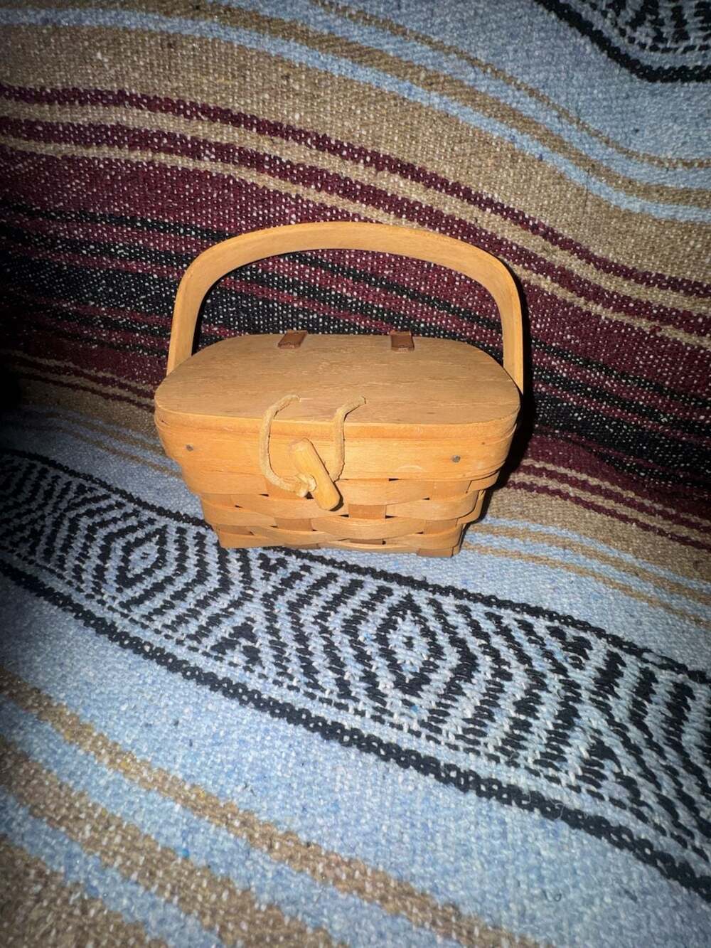 Longaberger Sm Picnic Basket Handwoven Purse Leather Strap Hinged 1995 7.5x5x4"